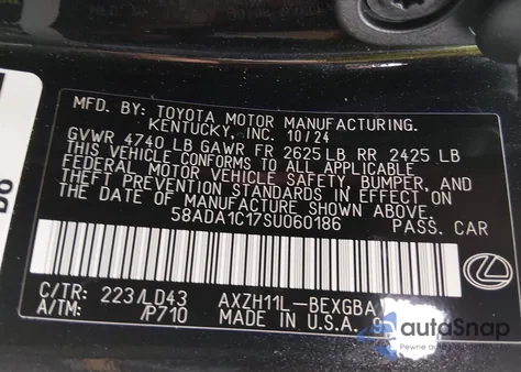 2025 Lexus Es 300H z USA, uszkodzony, nr VIN 58ADA1C17SU060186